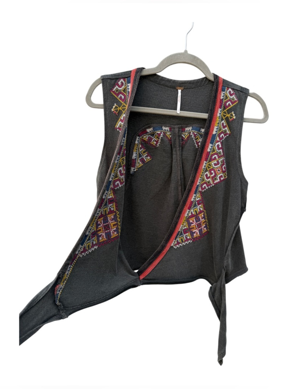 Free People Women’s S Embroidered Boho Wrap Tie Front Sleeveless Top - Picture 5 of 9